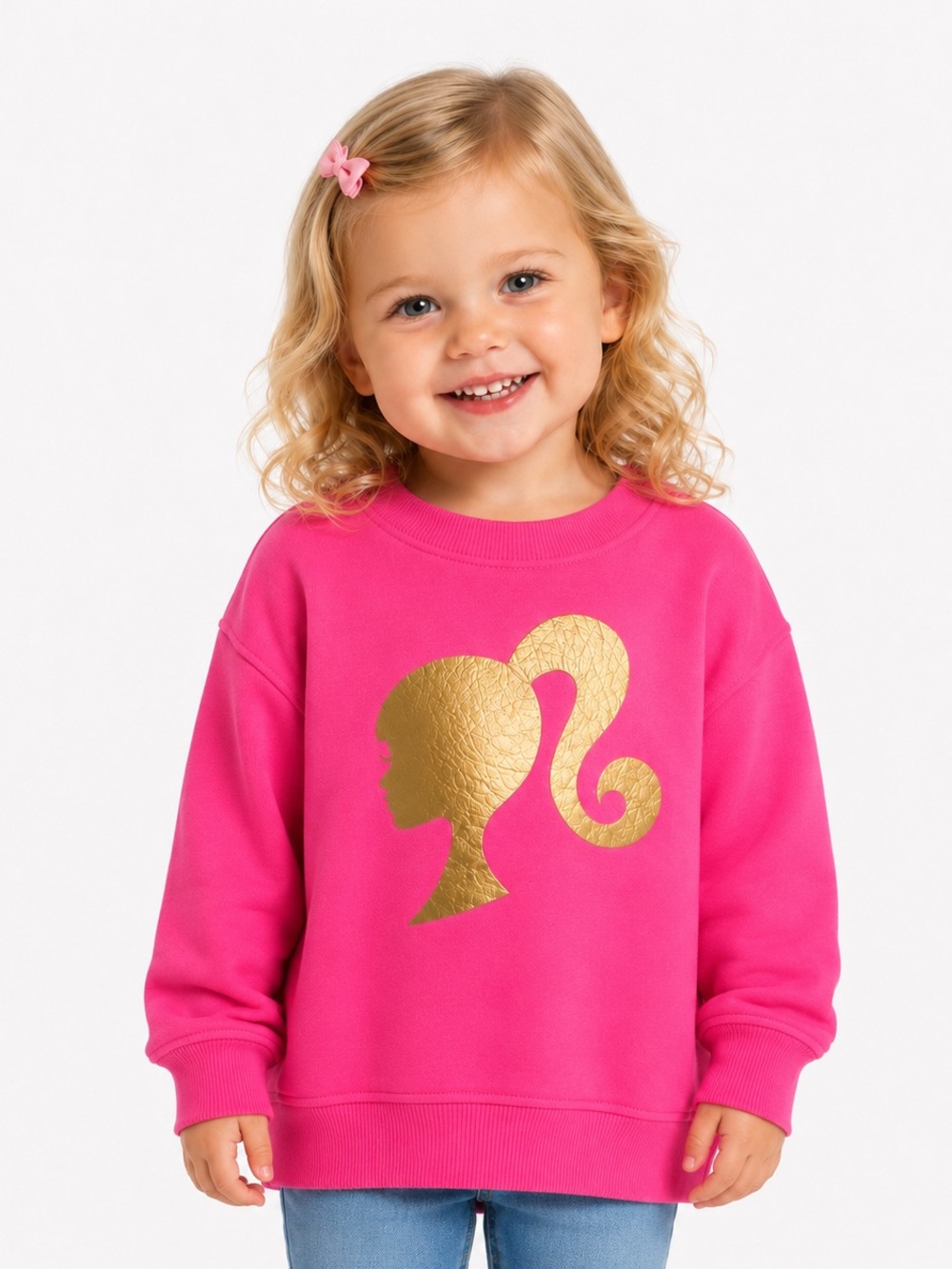 Barbie Girl’s  Pink Sweatshirt with Gold Metallic Signature Silhouette -2T